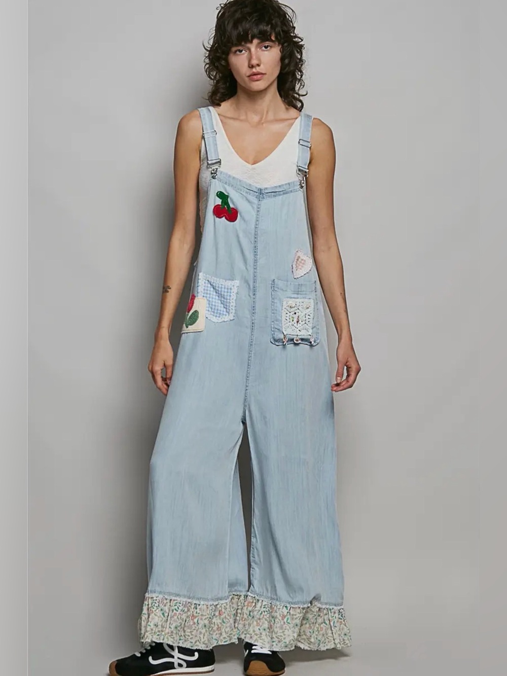 POL Light Blue Patchwork Wide-Leg Denim Overalls - Picture 2 of 13